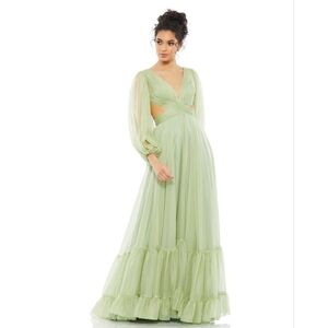 MAC DUGGAL PLEATED CUT OUT LONG SLEEVE LACE UP TIERED GOWN DRESS